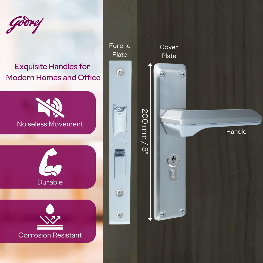 Godrej Mortise Lock | 200mm Plate | 5 inch handle | NEH 23 | Double Throw Deadbolt | 3 Keys | Reversible Left or Right Handed | Door Lock For Home, Main Door | Satin Steel Finish | 5 Year Warranty